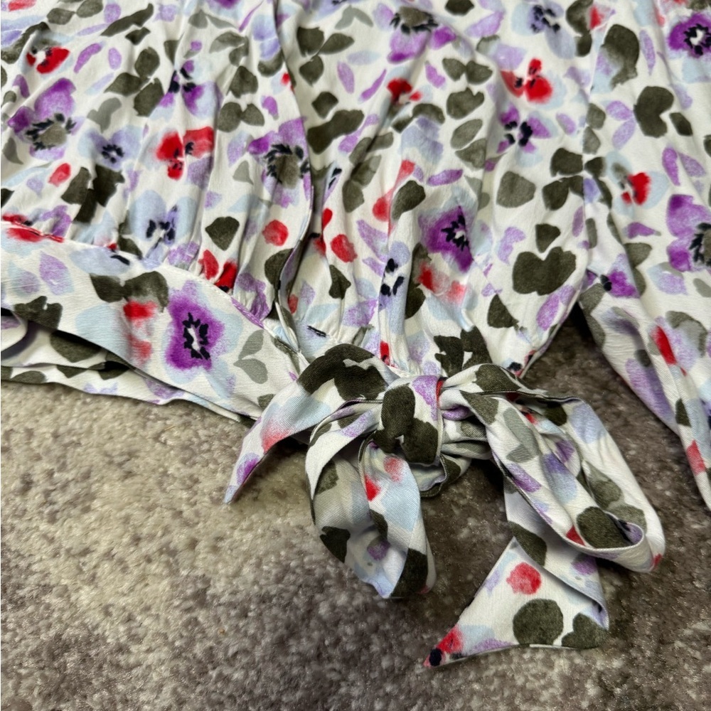 Frank & Oak Floral Tie-Front Blouse - White and Purple, green - size small - Picture 8 of 13